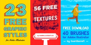 FREE DOWNLOAD of 23 Graphic styles, 56 textures and 41 brushes for Adobe Illustrator. Guerillacraft produces high-quality design resources and now offers the download of samples from premium products for FREE. With one click you will get access to Big Free Design Bundle containing 56 textures in EPS and PNG format, 41 brushes for Adobe Illustrator and 23 great graphics styles for Adobe Illustrator. Get them all without spending a cent! Just click on image and download them for FREE
