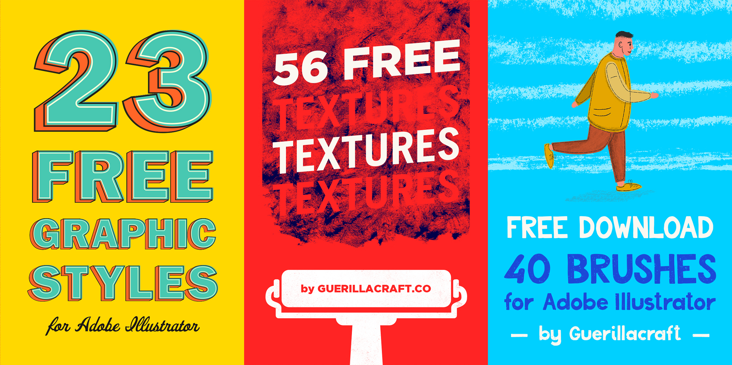 FREE DOWNLOAD of 23 Graphic styles, 56 textures and 41 brushes for Adobe Illustrator. Guerillacraft produces high-quality design resources and now offers the download of samples from premium products for FREE. With one click you will get access to Big Free Design Bundle containing 56 textures in EPS and PNG format, 41 brushes for Adobe Illustrator and 23 great graphics styles for Adobe Illustrator. Get them all without spending a cent! Just click on image and download them for FREE