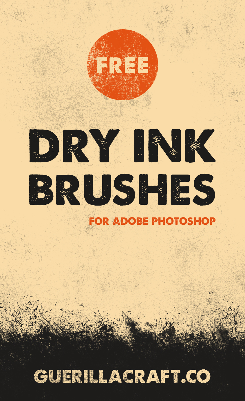 Dry Ink Brushes for Adobe Photoshop are made with ink and old magged brushes. In this FREE collection you will find 30 different kind of brushes – from wild strokes to ink splatters. Scanned in high resolution for texturing your graphic design. Download now for FREE! With Dry Ink Texture Brushes you can make vintage and retro effects in seconds. Just choose you graphics or type, make mask and paint with black in mask mode. Change brushes for more organic look!