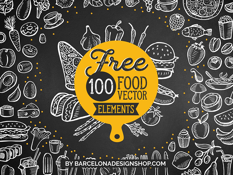 This free awesome bundle contains 100 hand drawn graphic illustrations: vegetables, fruits, desserts, nuts, berries, kitchen utensils, drinks, fast food, seafood. You will get 100 unique food vector elements for Adobe Illustrator.