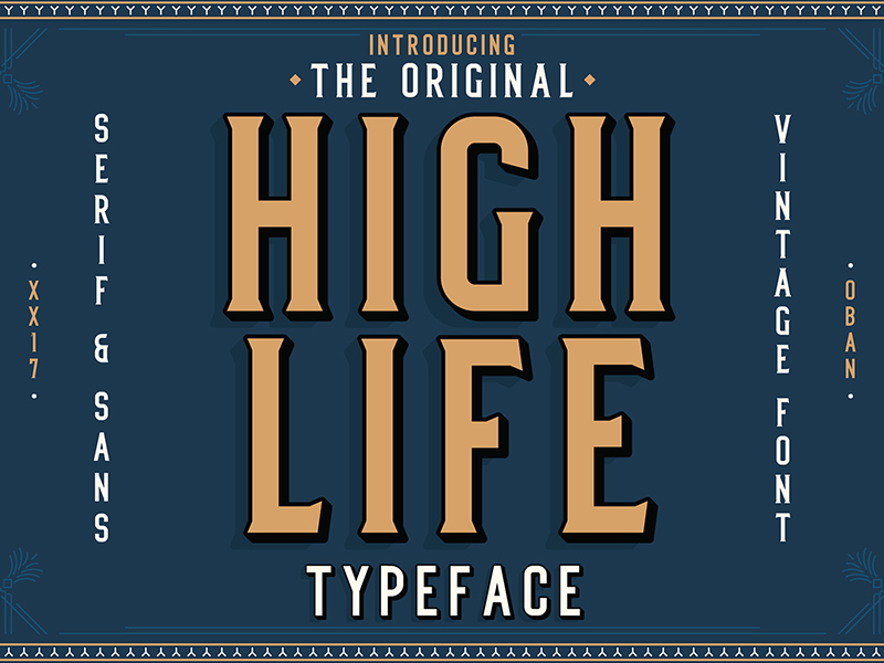 High Life is a stylish and timeless font from Oban Design Studios, borrowing from the Art Deco movement, High Life is reminiscent of a bygone time, when class and sophistication were prized above all else. High Life has both a serif & sans serif version and when combined with a numbers set and a variety of special characters, High Life is perfect for bold statement pieces, arresting titles and tasteful vintage designs. This is a lite version of the full typeface which includes the serif character set.